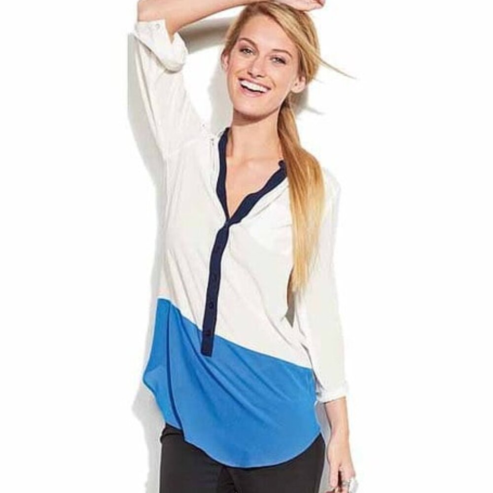 iZBYER 3/4 Button-up Block Color Dress Shirt W Size Small Blue and White